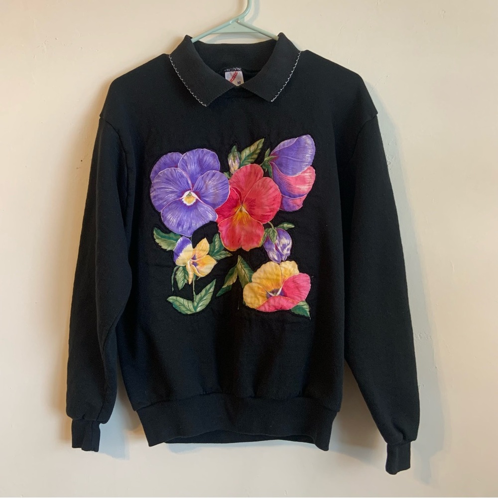 JERZEES Sweater, Women's Size M, Black, Vintage, Rose, Floral, Embroidered
